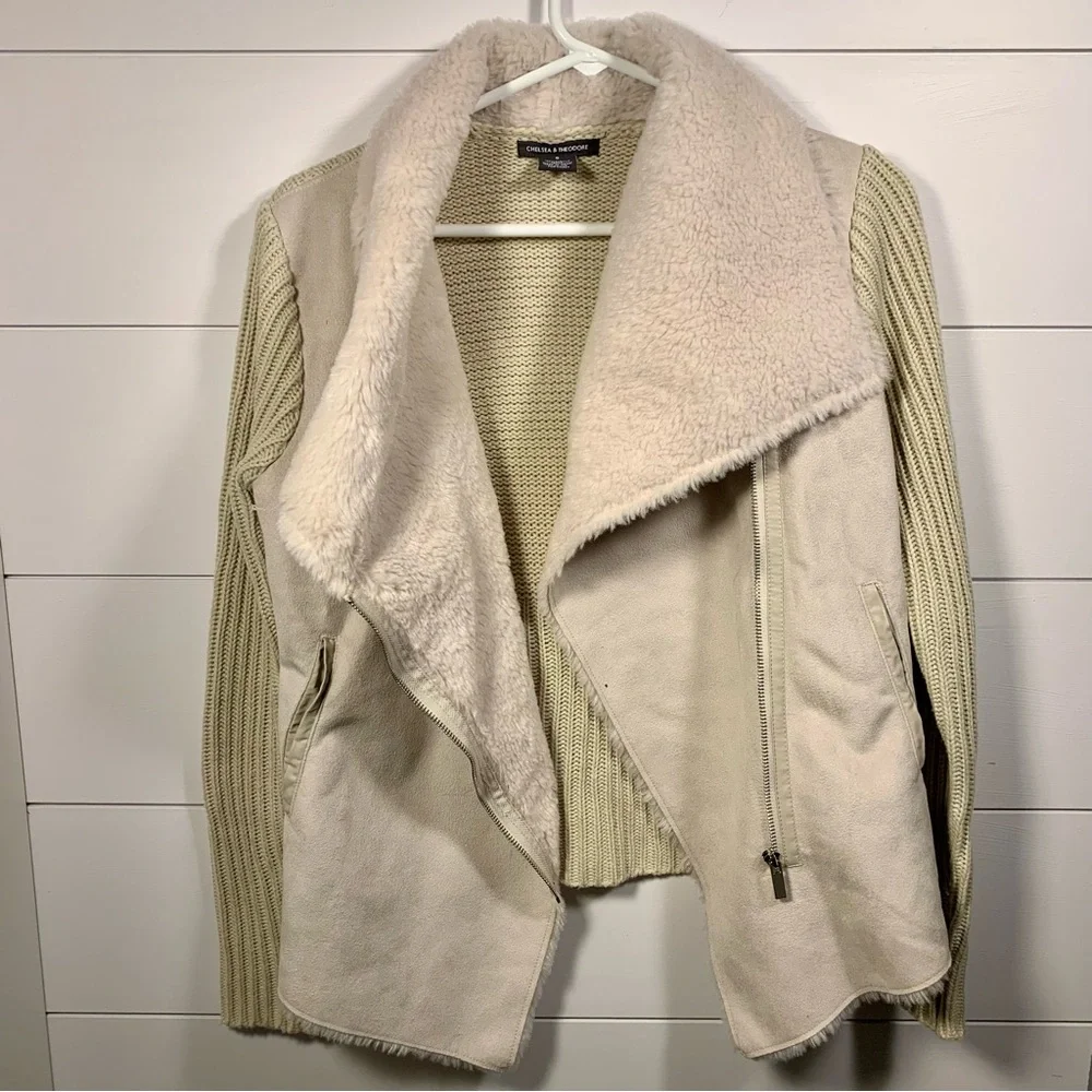 Chelsea & Theodore‎ Sweater Cardigan Jacket Faux Suede Fur Sz S Coastal Cowgirl